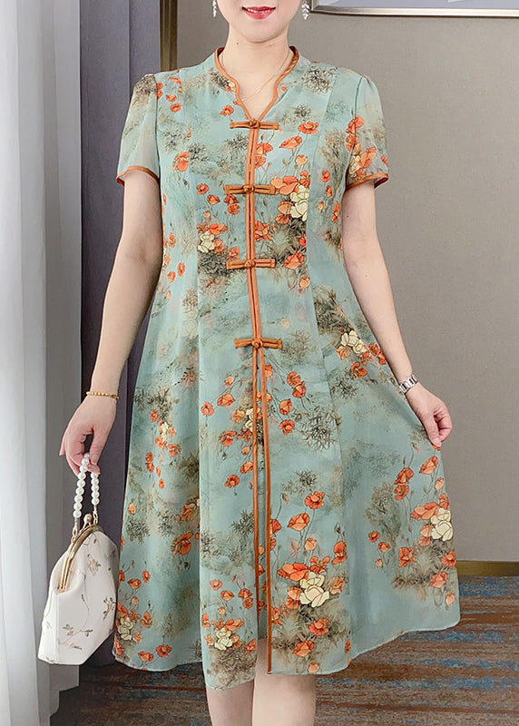 Retro Orange V Neck Print Chinese Button Silk Dress Summer BB014 Hawaii-SDL240622