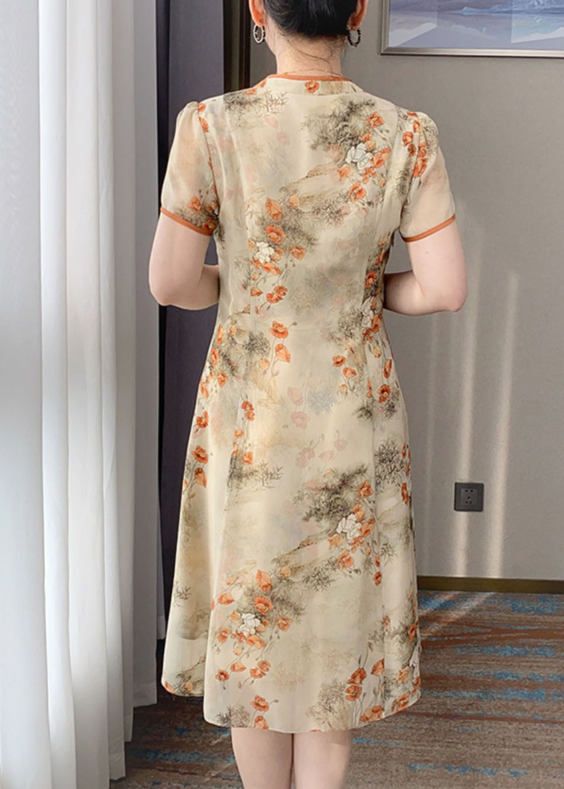 Retro Orange V Neck Print Chinese Button Silk Dress Summer BB014 Hawaii-SDL240622