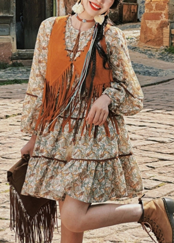 Waistcoat Pieces Two Long Tassel Dress And Patchwork Set Retro FashionChic