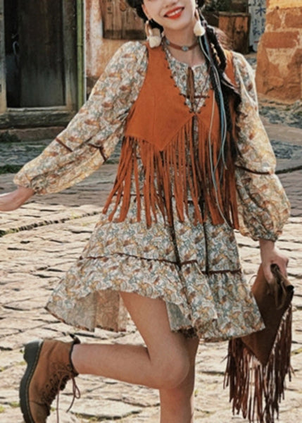 Waistcoat Pieces Two Long Tassel Dress And Patchwork Set Retro FashionChic