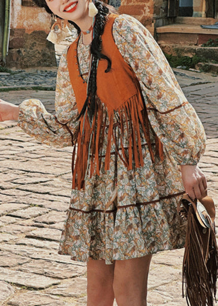 Waistcoat Pieces Two Long Tassel Dress And Patchwork Set Retro FashionChic