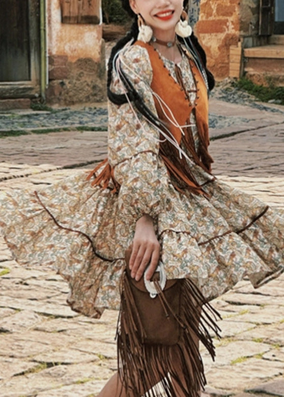 Waistcoat Pieces Two Long Tassel Dress And Patchwork Set Retro FashionChic