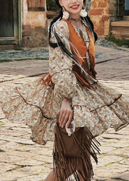 Waistcoat Pieces Two Long Tassel Dress And Patchwork Set Retro FashionChic