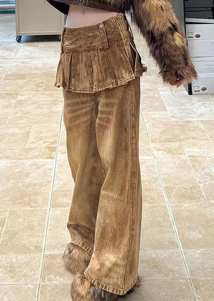 Color Patchwork Waist Zippered Pants Photo Denim High Retro FashionChic