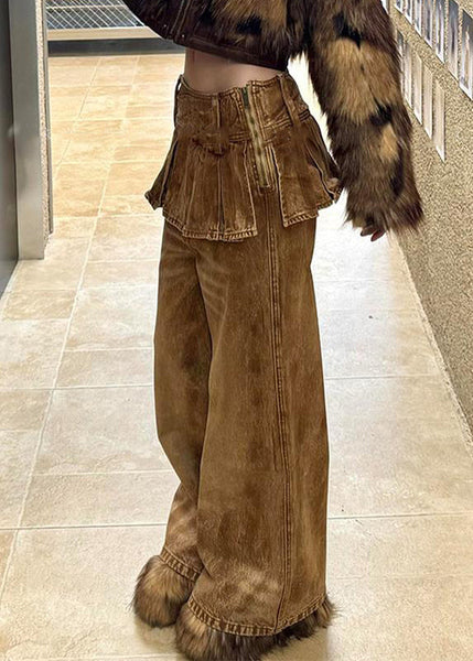 Color Patchwork Waist Zippered Pants Photo Denim High Retro FashionChic