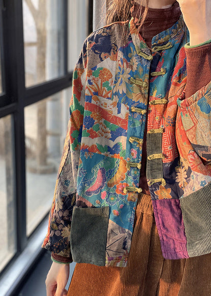 Retro Print Oriental Button Corduroy Fine Cotton Filled Coat Winter RU040 ABC