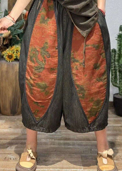 Retro Print Splicing Ethnic Style Cotton Crop Pants Summer BV082 MZF-CPTS240702