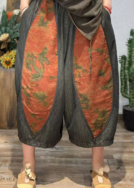 Retro Print Splicing Ethnic Style Cotton Crop Pants Summer BV082 MZF-CPTS240702