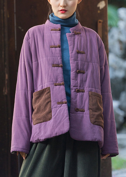 Retro Purple Chinese?Button Pockets Thick Parkas Winter QO057 MZF-DJK241008