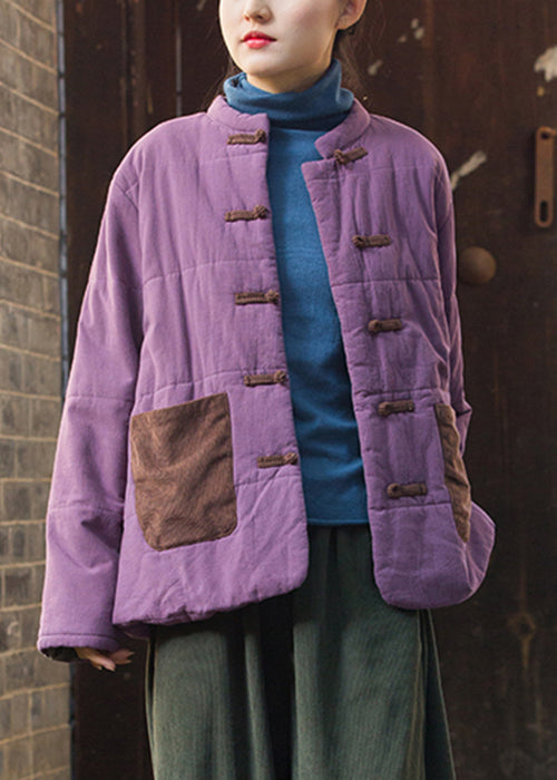 Retro Purple Chinese?Button Pockets Thick Parkas Winter QO057 MZF-DJK241008