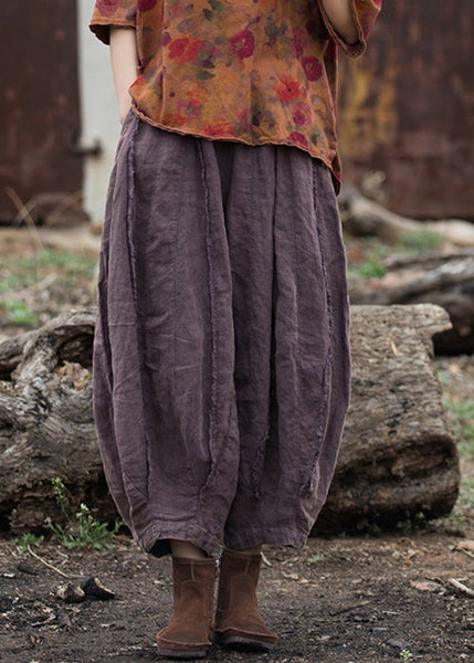 Retro Purple Pockets Elastic Waist Linen Crop Pants Summer QE026 MZF-CPTS240927