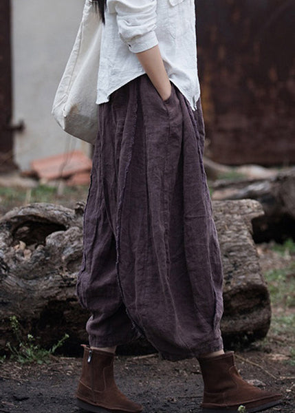 Retro Purple Pockets Elastic Waist Linen Crop Pants Summer QE026 MZF-CPTS240927