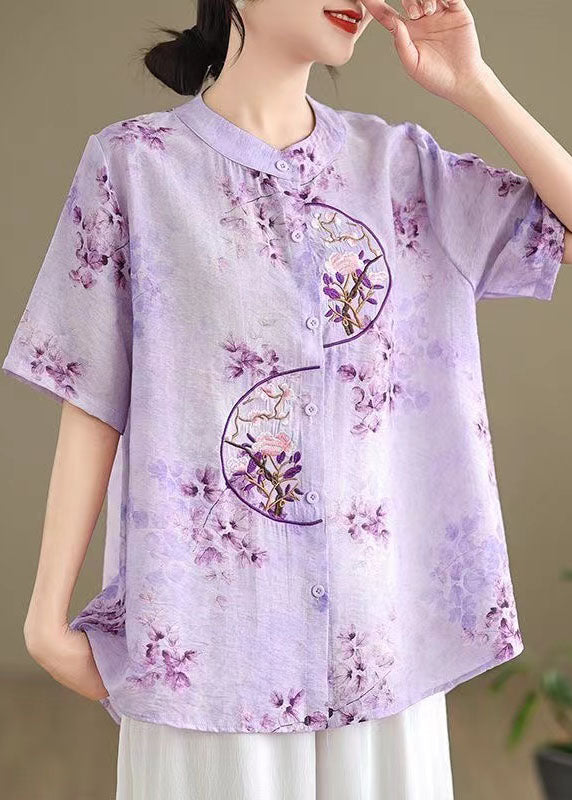 Retro Purple Stand Collar Embroidered Cotton Shirt Summer AP090 GK-STP240718