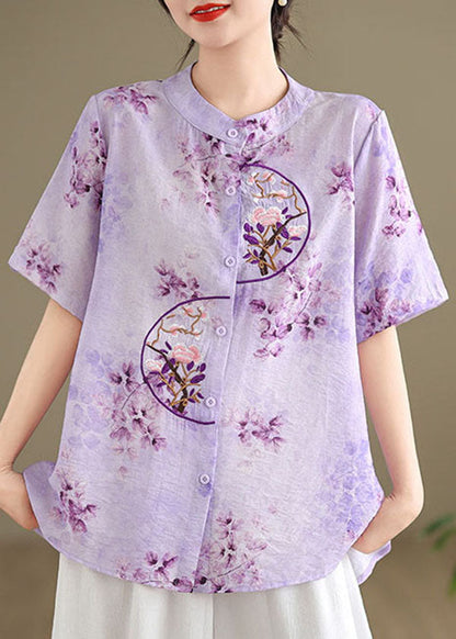 Retro Purple Stand Collar Embroidered Cotton Shirt Summer AP090 GK-STP240718