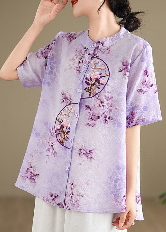 Retro Purple Stand Collar Embroidered Cotton Shirt Summer AP090 GK-STP240718