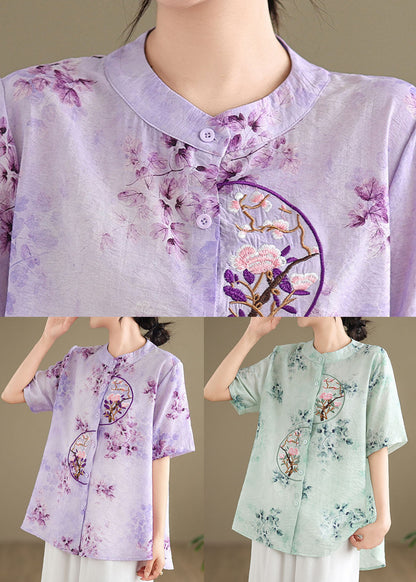 Retro Purple Stand Collar Embroidered Cotton Shirt Summer AP090 GK-STP240718