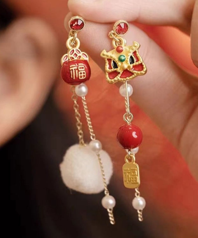 Retro Red Copper Overgild Asymmetric Pearl Lion Dance Lucky Cat Auspicious Clouds Drop Earrings YD040 ABC