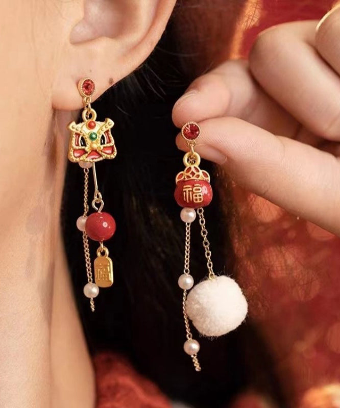 Retro Red Copper Overgild Asymmetric Pearl Lion Dance Lucky Cat Auspicious Clouds Drop Earrings YD040 ABC