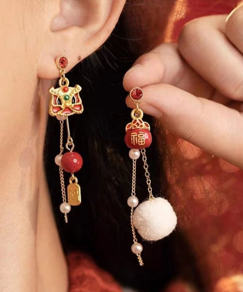 Retro Red Copper Overgild Asymmetric Pearl Lion Dance Lucky Cat Auspicious Clouds Drop Earrings YD040 ABC