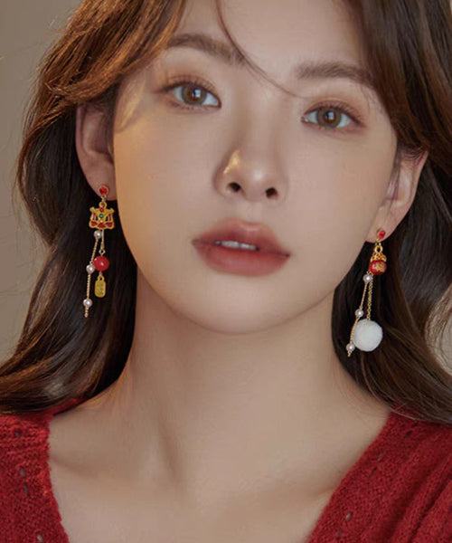 Retro Red Copper Overgild Asymmetric Pearl Lion Dance Lucky Cat Auspicious Clouds Drop Earrings YD040 ABC