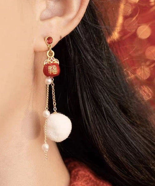 Retro Red Copper Overgild Asymmetric Pearl Lion Dance Lucky Cat Auspicious Clouds Drop Earrings YD040 ABC