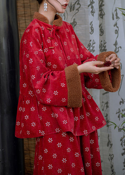 Retro Red Embroidered Patchwork Warm Fleece Sets 2 Pieces Spring TQ010 ABC