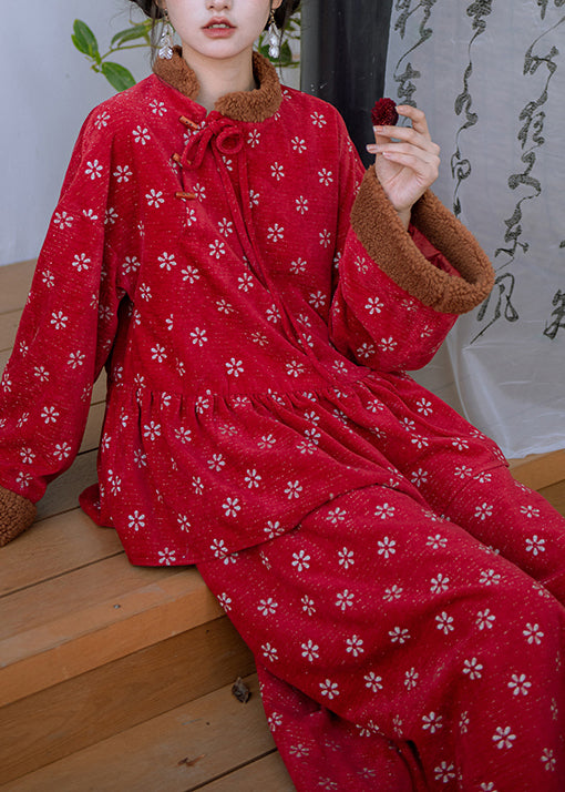 Retro Red Embroidered Patchwork Warm Fleece Sets 2 Pieces Spring TQ010 ABC