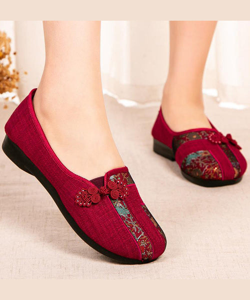 Red Retro Shoes Button Embroidered Splicing Oriental Flat FashionChic