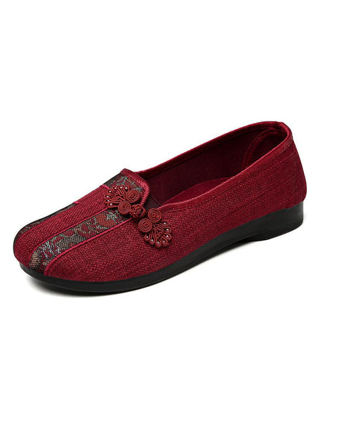 Red Retro Shoes Button Embroidered Splicing Oriental Flat FashionChic