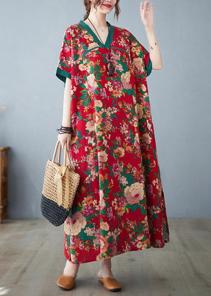 Cotton Dresses Maxi Summer Print Red Oversized Retro FashionChic