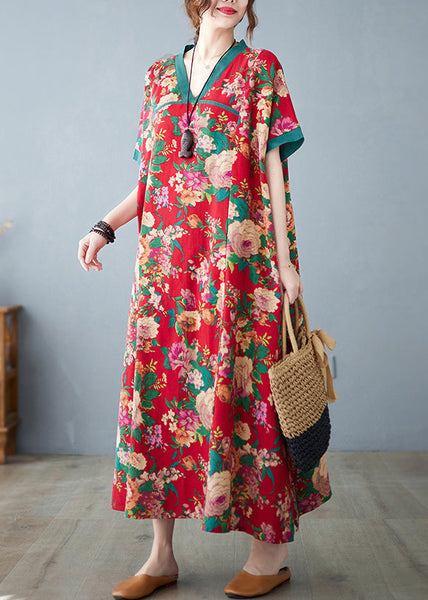 Cotton Dresses Maxi Summer Print Red Oversized Retro FashionChic