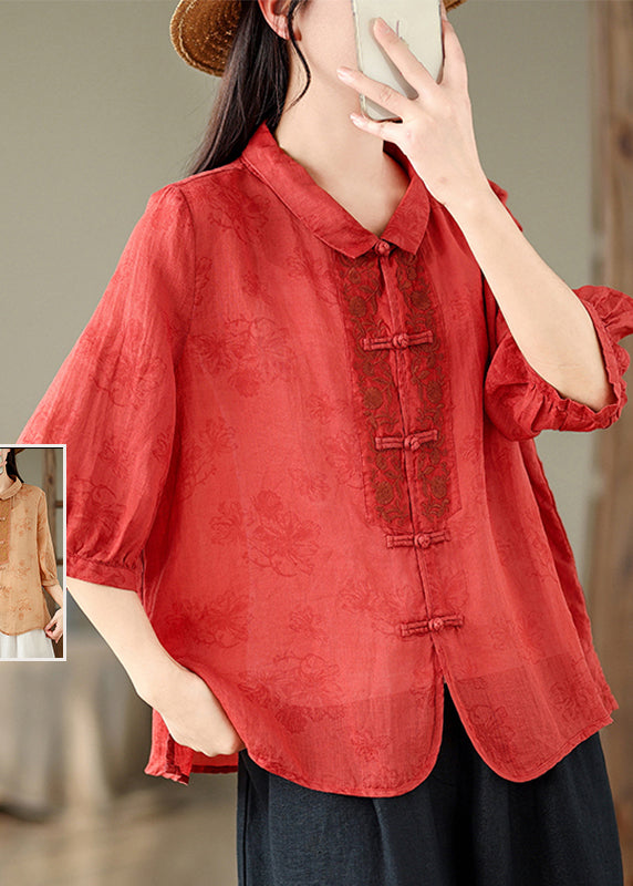 Retro Red Peter Pan Collar Embroidered Print Shirt Summer UU046 OM-MM240820