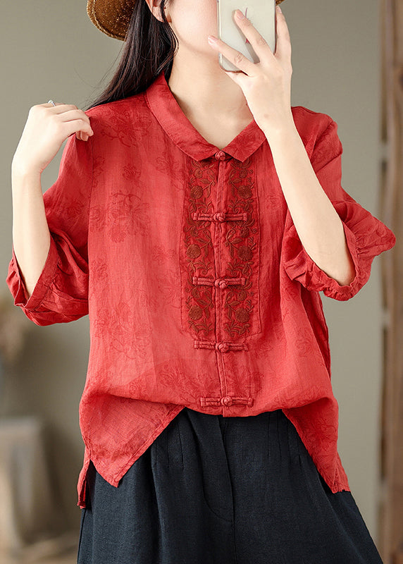 Retro Red Peter Pan Collar Embroidered Print Shirt Summer UU046 OM-MM240820
