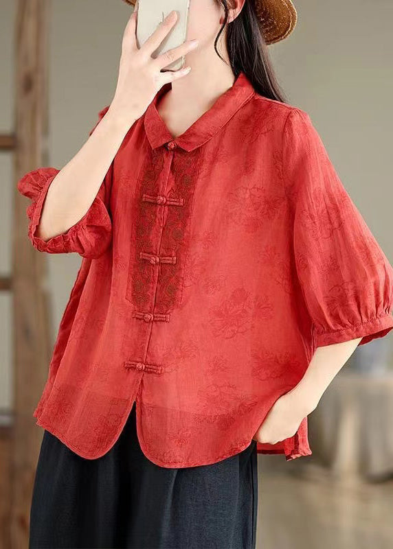 Retro Red Peter Pan Collar Embroidered Shirt Bracelet Sleeve AP021 GK-LTP240718