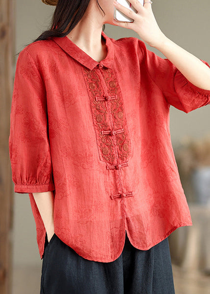 Retro Red Peter Pan Collar Embroidered Shirt Bracelet Sleeve AP021 GK-LTP240718