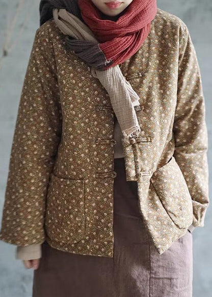 Retro Red Print Button Pockets Cotton Filled Coats Winter QG029 OM-DJK241016