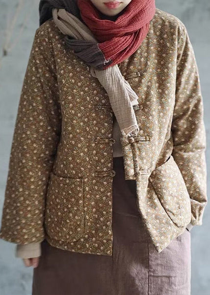 Retro Red Print Button Pockets Cotton Filled Coats Winter QG029 OM-DJK241016