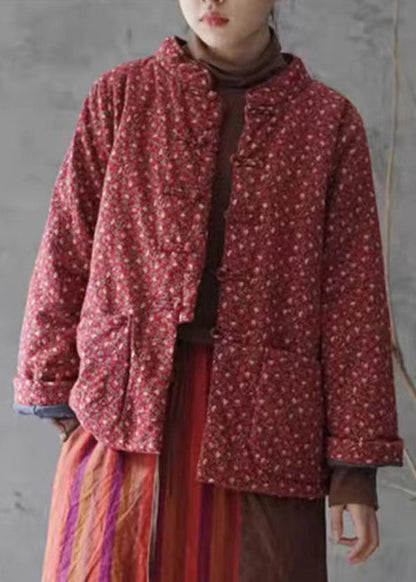 Retro Red Print Button Pockets Cotton Filled Coats Winter QG029 OM-DJK241016