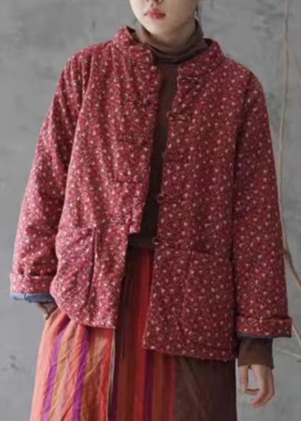 Retro Red Print Button Pockets Cotton Filled Coats Winter QG029 OM-DJK241016