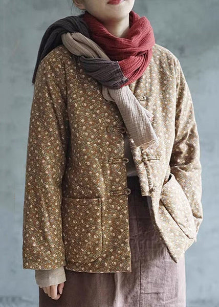 Retro Red Print Button Pockets Cotton Filled Coats Winter QG029 OM-DJK241016