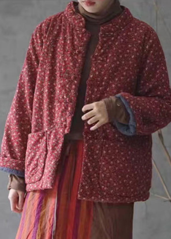 Retro Red Print Button Pockets Cotton Filled Coats Winter QG029 OM-DJK241016