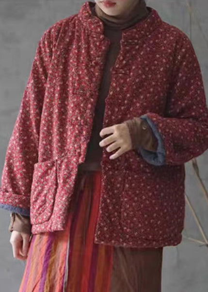Retro Red Print Button Pockets Cotton Filled Coats Winter QG029 OM-DJK241016
