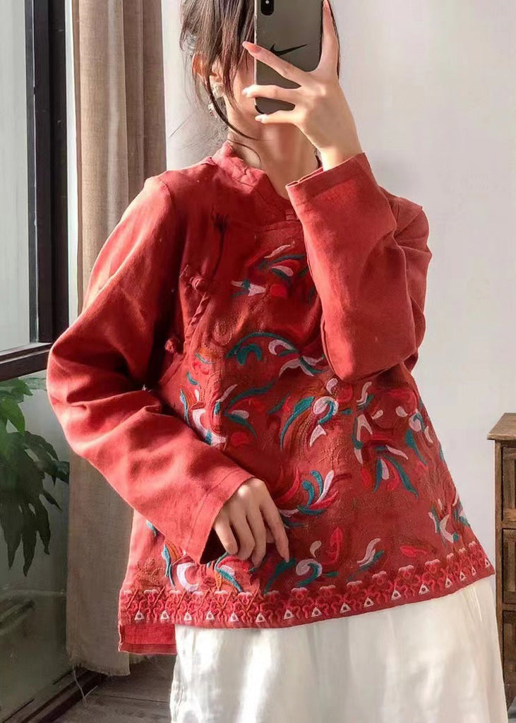 Retro Red Stand Collar Embroidered Linen Shirt Long Sleeve LK027 GK-LTP240710