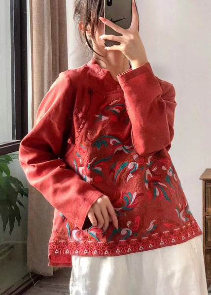 Retro Red Stand Collar Embroidered Linen Shirt Long Sleeve LK027 GK-LTP240710