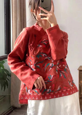 Retro Red Stand Collar Embroidered Linen Shirt Long Sleeve LK027 GK-LTP240710