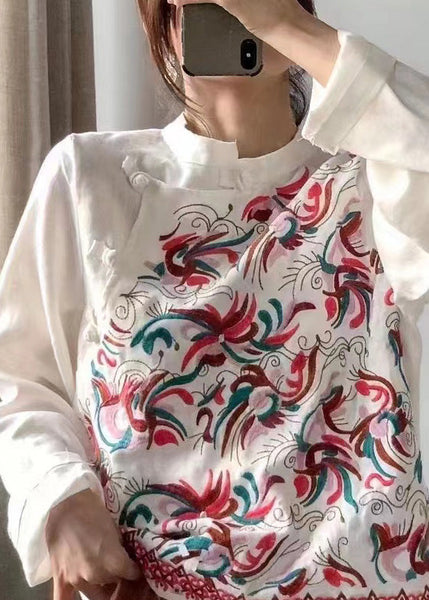 Retro Red Stand Collar Embroidered Linen Shirt Long Sleeve LK027 GK-LTP240710