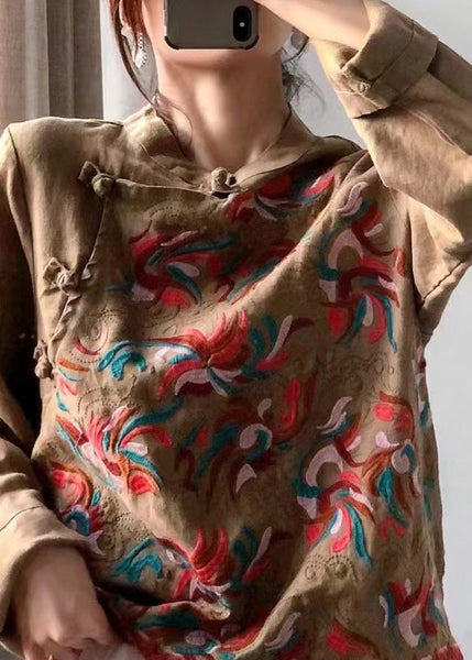 Retro Red Stand Collar Embroidered Linen Shirt Long Sleeve LK027 GK-LTP240710