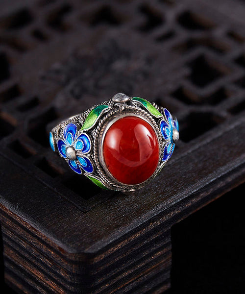 Sterling Agate Silver Retro Red Rings Cloisonne FashionChic