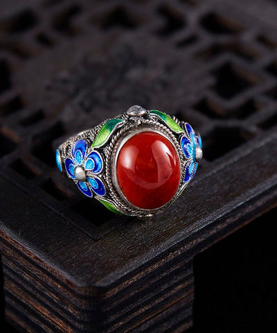 Sterling Agate Silver Retro Red Rings Cloisonne FashionChic