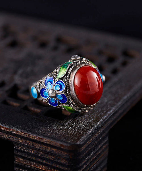 Sterling Agate Silver Retro Red Rings Cloisonne FashionChic